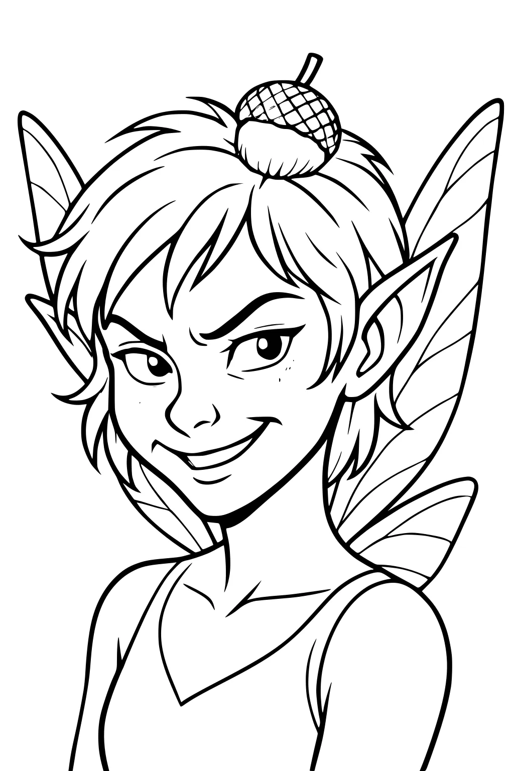 Fairy portrait with acorn cap, pointed ears, short hair, leaf wings, and a sly smile in black-and-white line art.