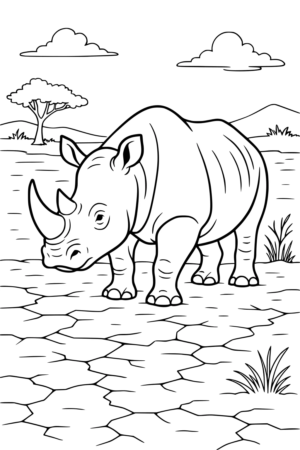 Rhinoceros standing on cracked ground with grass, tree, mountains, and clouds in the background.
