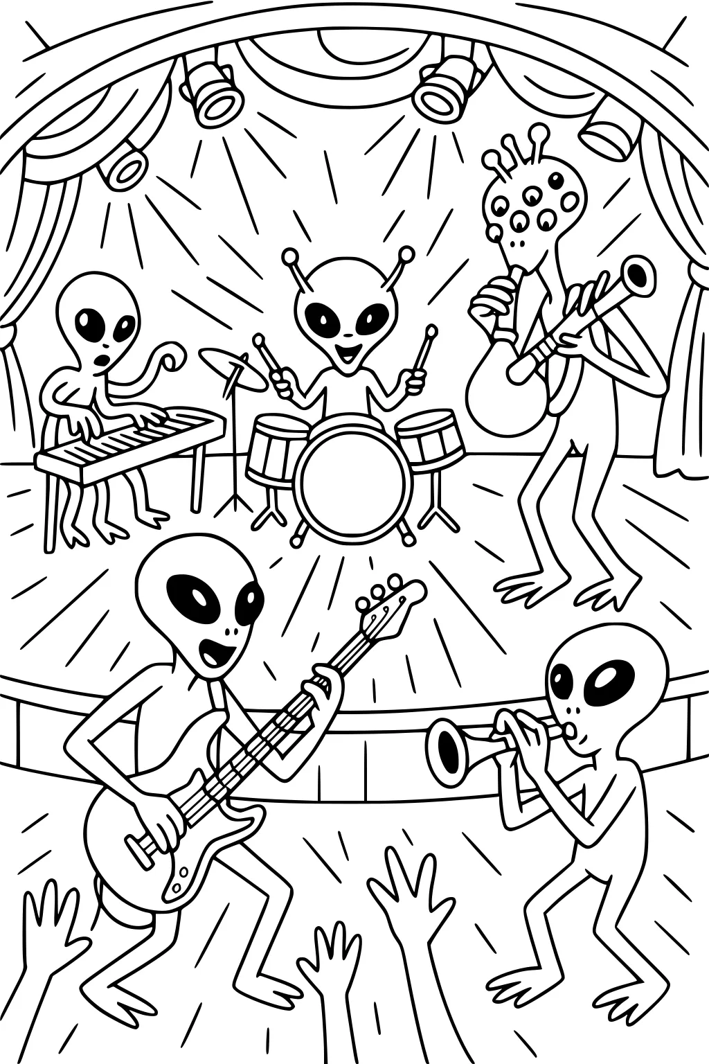 Five aliens perform onstage with drums, guitar, keyboard, trumpet, and lute under curtains and spotlights, with audience hands reaching up.