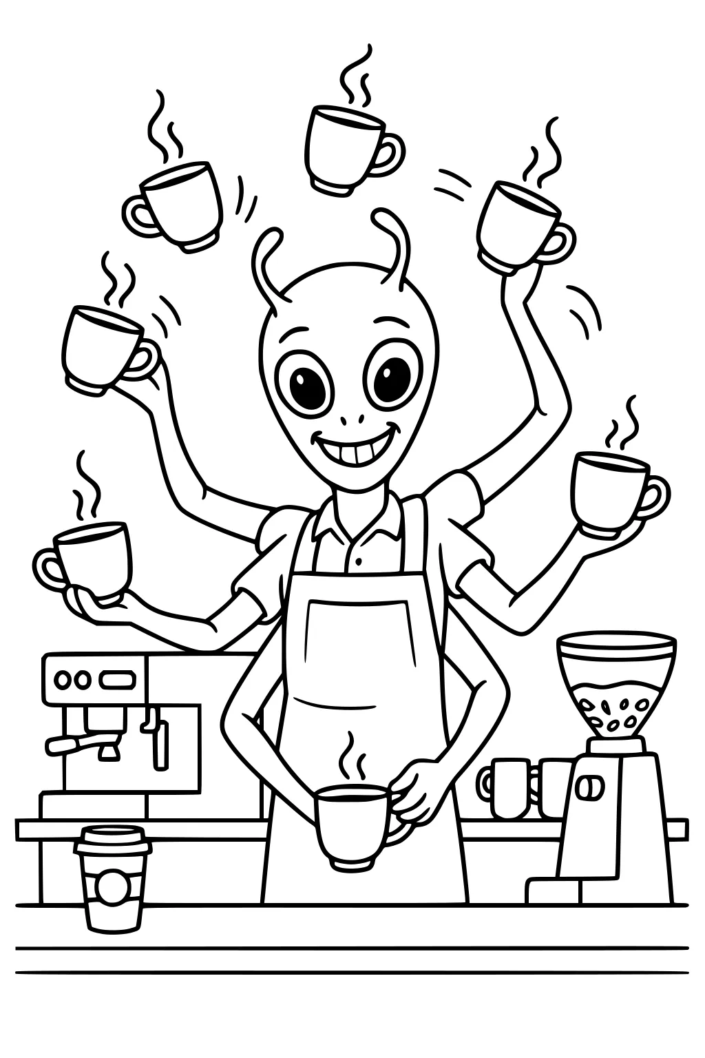 Smiling six-armed alien barista in apron juggling steaming mugs beside espresso machine and grinder on cafe counter.