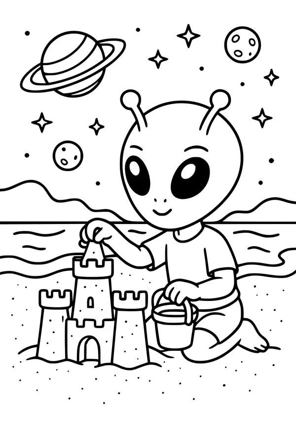 Alien Boy Builds Space Sandcastle