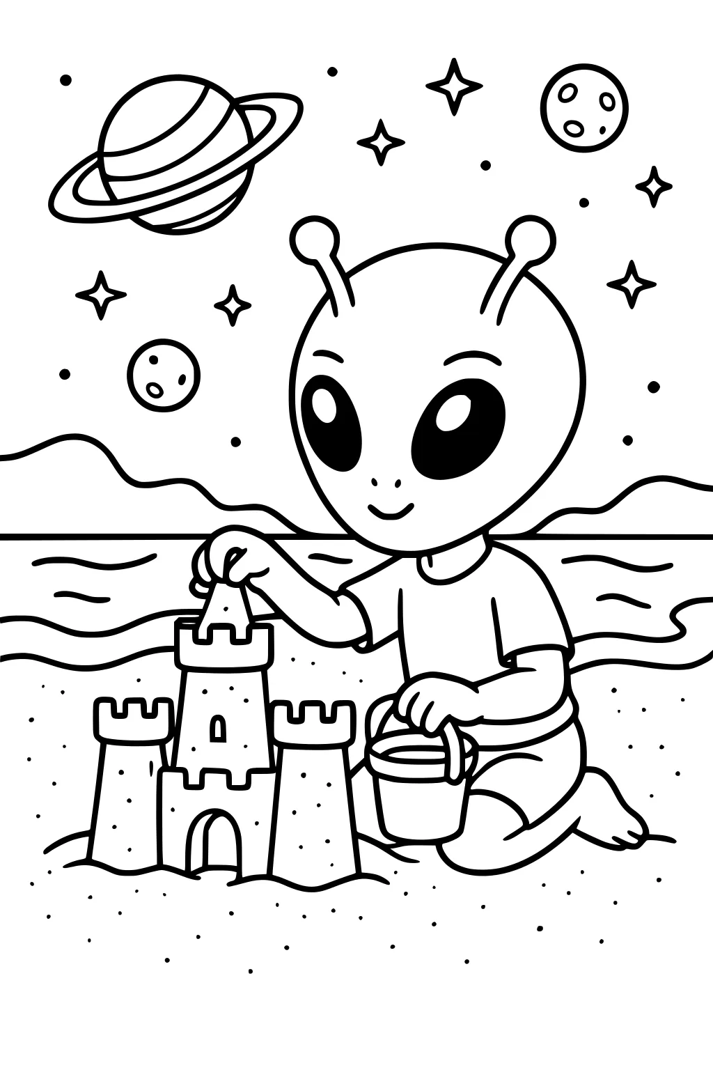 Boy alien builds a sandcastle at the beach with a bucket; waves, hills, ringed planet, moons, and stars above.