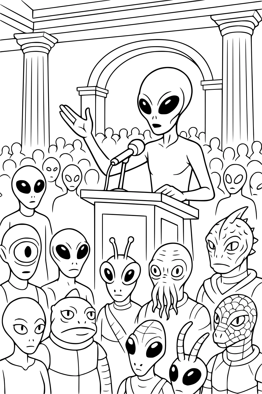 Alien leader speaks at a podium to many different aliens in a grand hall with tall pillars and a large arch.