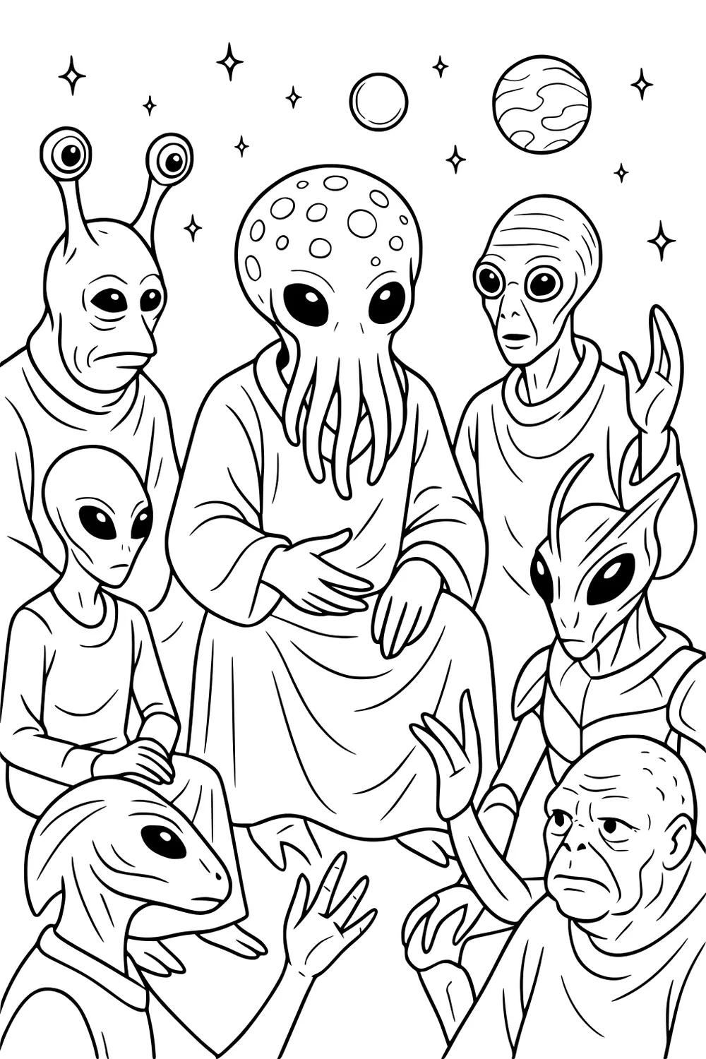 Seven aliens in robes and armor gather under stars and two planets; central tentacled leader with spotted head, others listen.