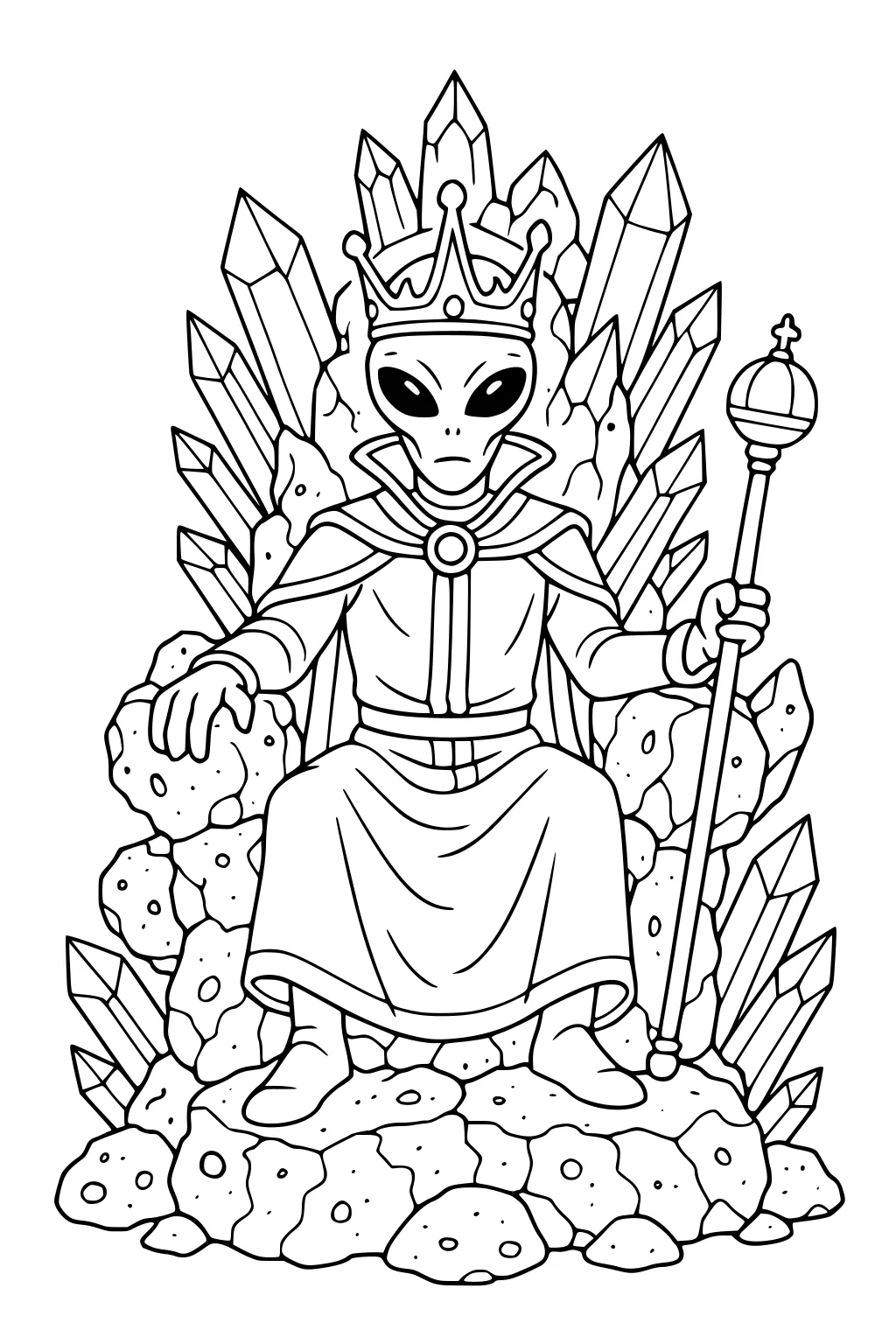 Alien king with big eyes sits on crystal and rock throne, wearing crown and robe, holding scepter with orb, line art for coloring.