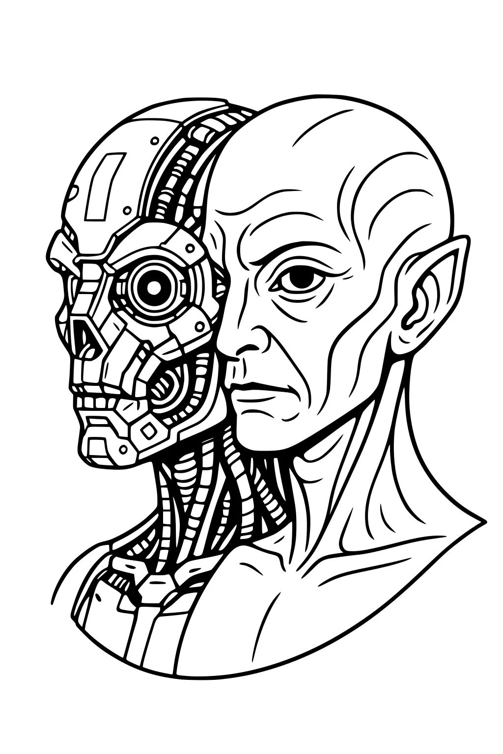 Half robot half alien boy portrait with cables, mechanical eye, pointy ear, and bold line art, bust view ready to be colored.
