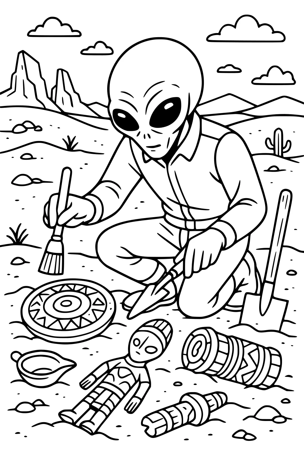 Alien archaeologist kneels in desert, brushing patterned disk near doll, pot, and cylinder; shovel, cacti, mountains behind.