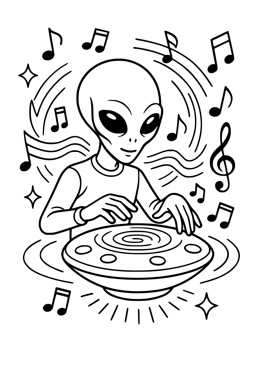 Smiling alien boy plays saucer drum as notes and sound waves swirl around, with sparkles and a big treble clef.