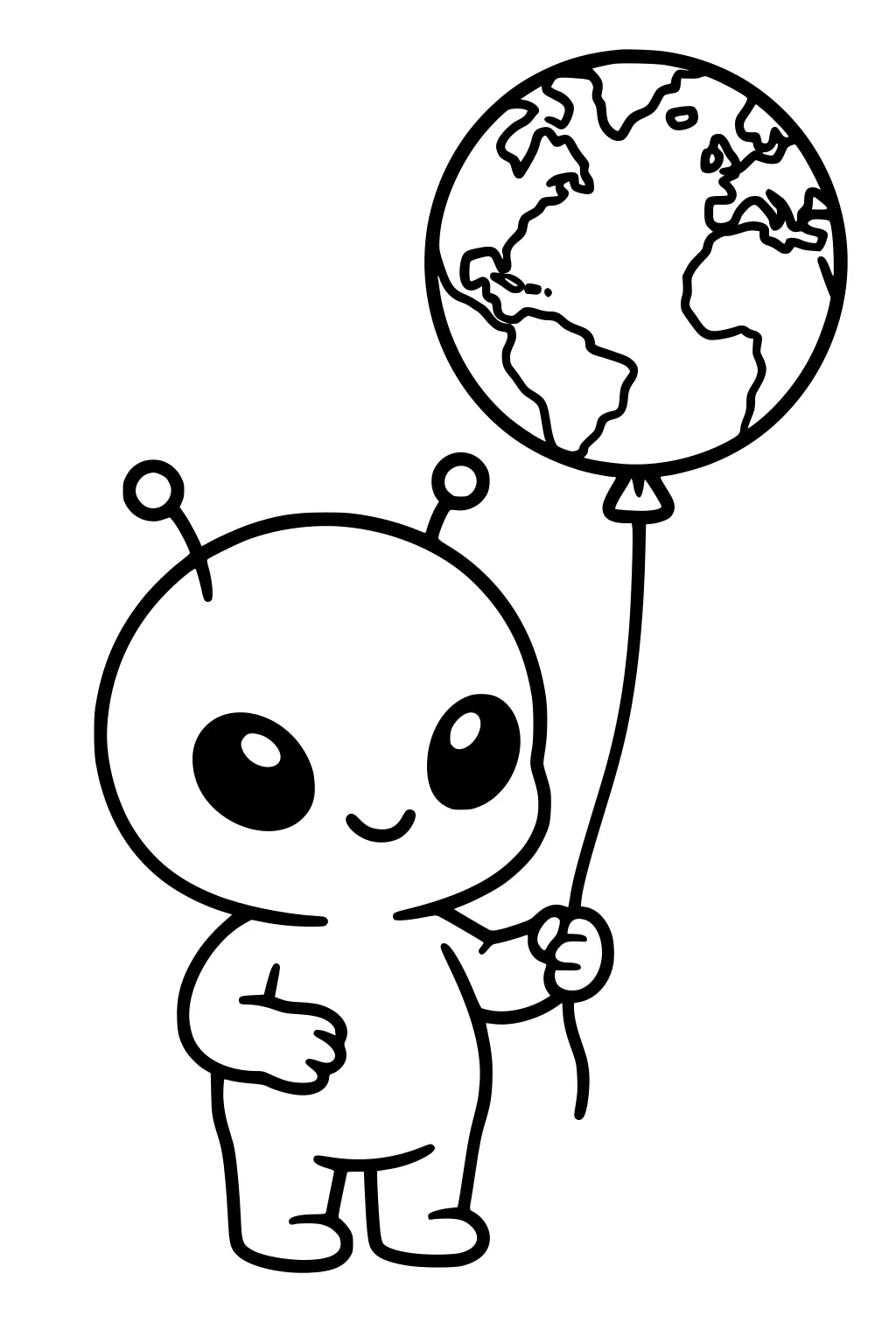 Smiling cartoon alien boy with antennae holding an Earth-shaped balloon on a string, bold outlines and open background.