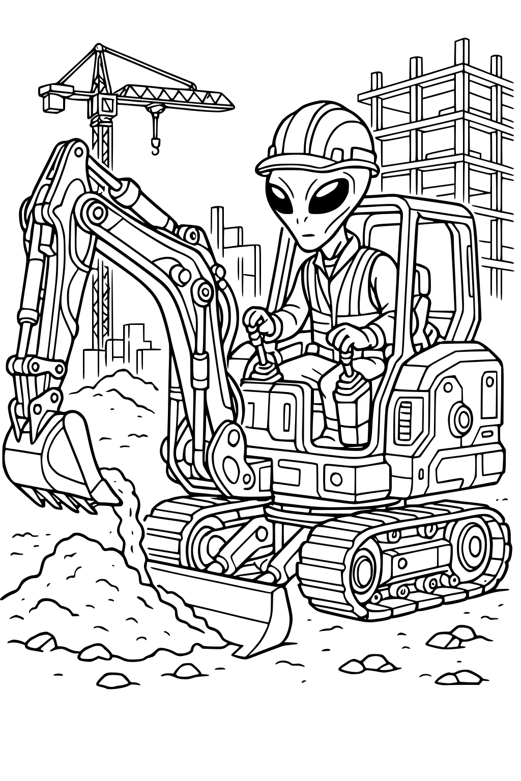 Alien in a hard hat drives a tracked excavator, scooping dirt at a city site with a crane and an unfinished building frame.