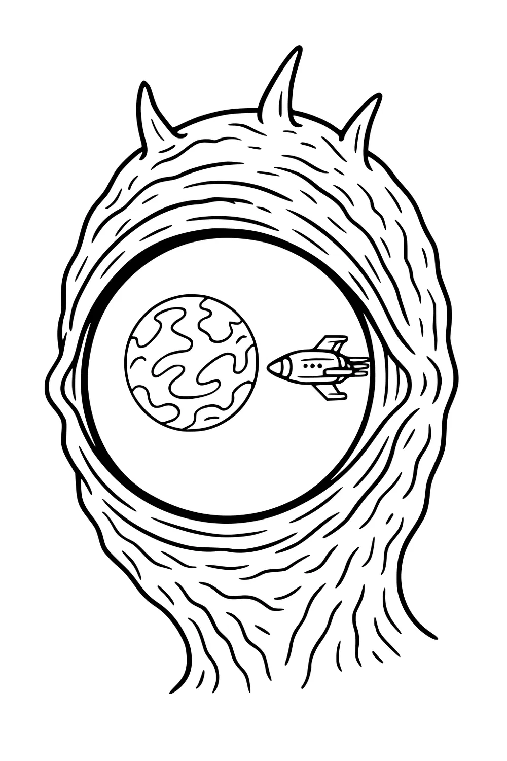 One-eyed alien with three horns watching a swirly planet and a small rocket reflected in his pupil, bold lines and wide spaces.