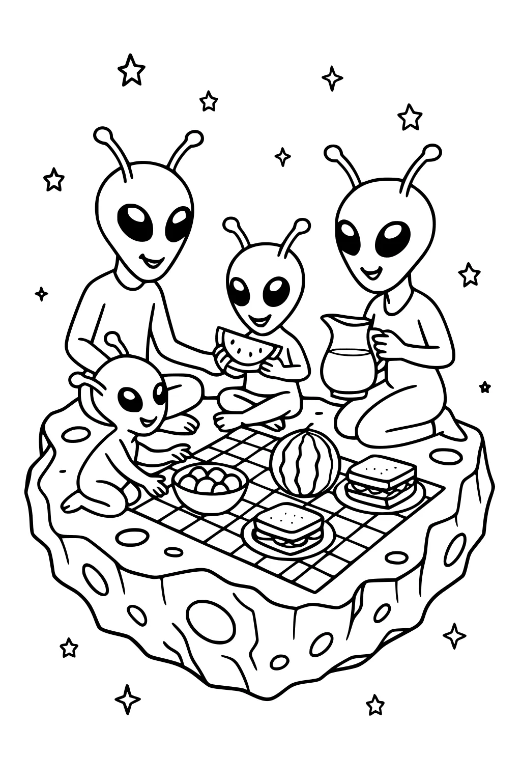 Alien family of four picnicking on a floating rock with blanket, sandwiches, watermelon, pitcher, and stars in space.
