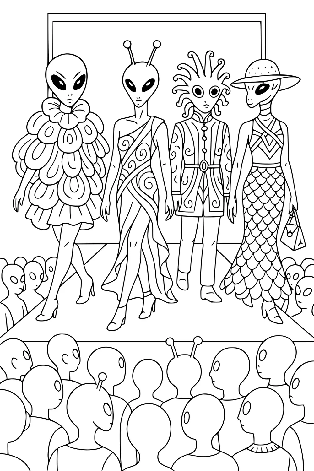 Four aliens strut a runway as a crowd watches: swirly gown, layered puff dress, buttoned coat, and scaled dress with a wide hat.