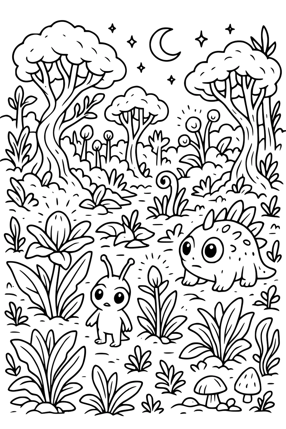 Small antennaed alien and spiky creature in a moonlit forest with curved trees, flowers, mushrooms, stars, and a crescent moon.