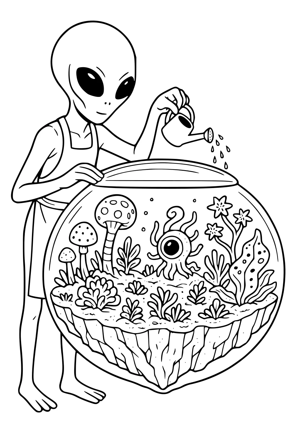 Boy alien waters a round terrarium garden with mushrooms, plants, and a one-eyed tentacled creature inside a glass bowl.