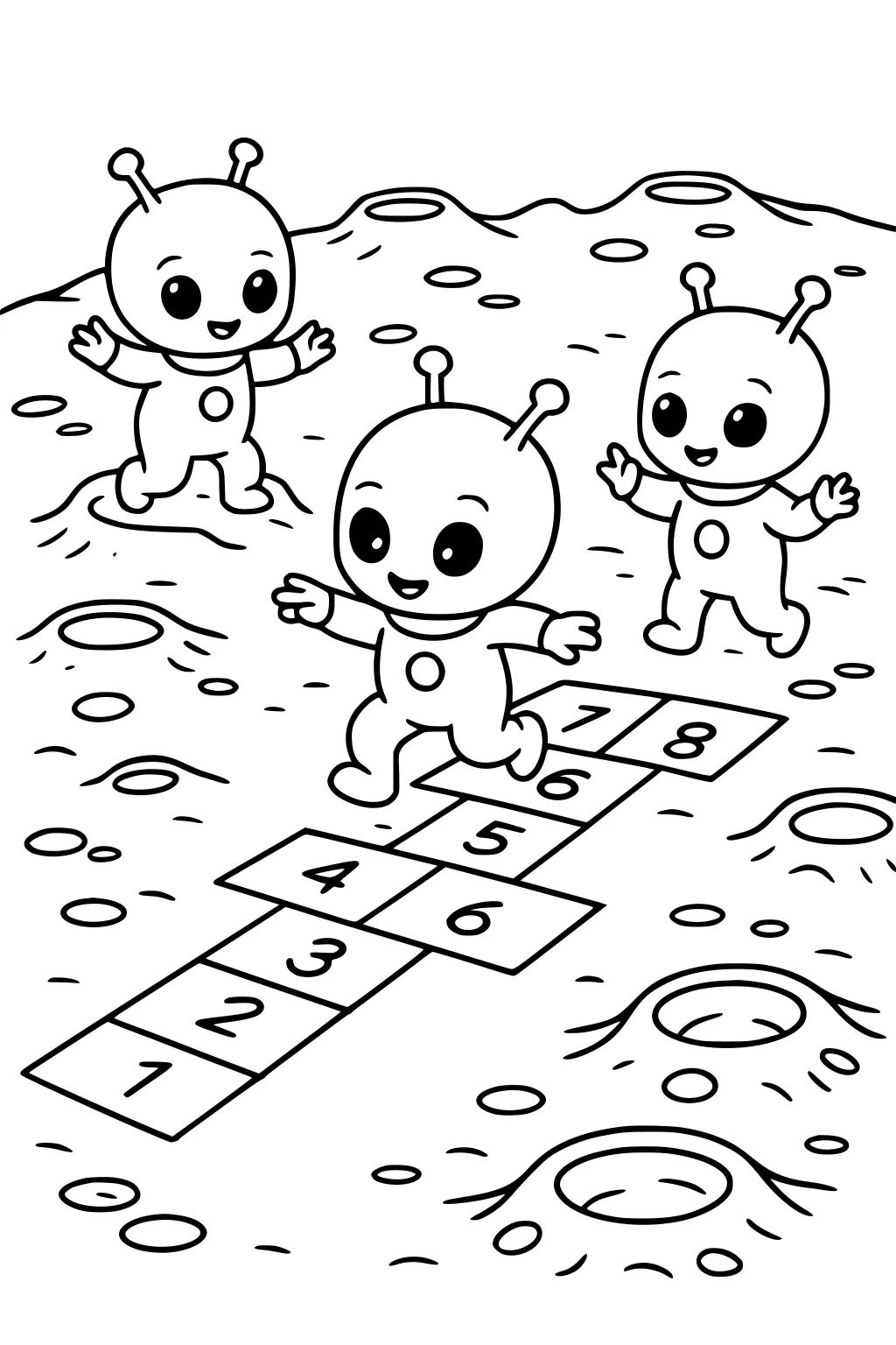 Three smiling aliens with antennas play hopscotch on a cratered moon, one mid-leap while two cheer beside the numbered path.
