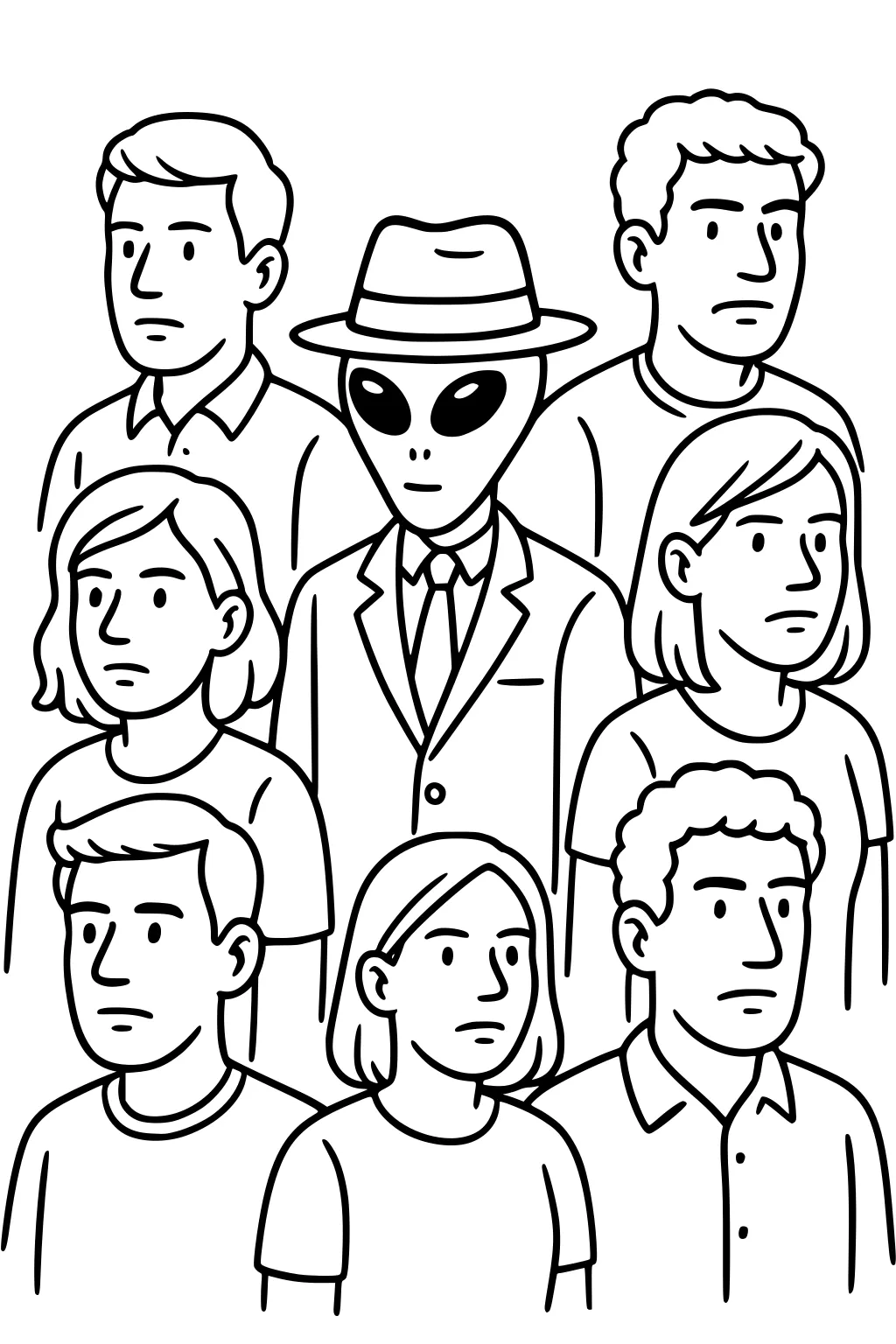 Alien in a suit and fedora among a crowd of men and women, simple line art with bold outlines.