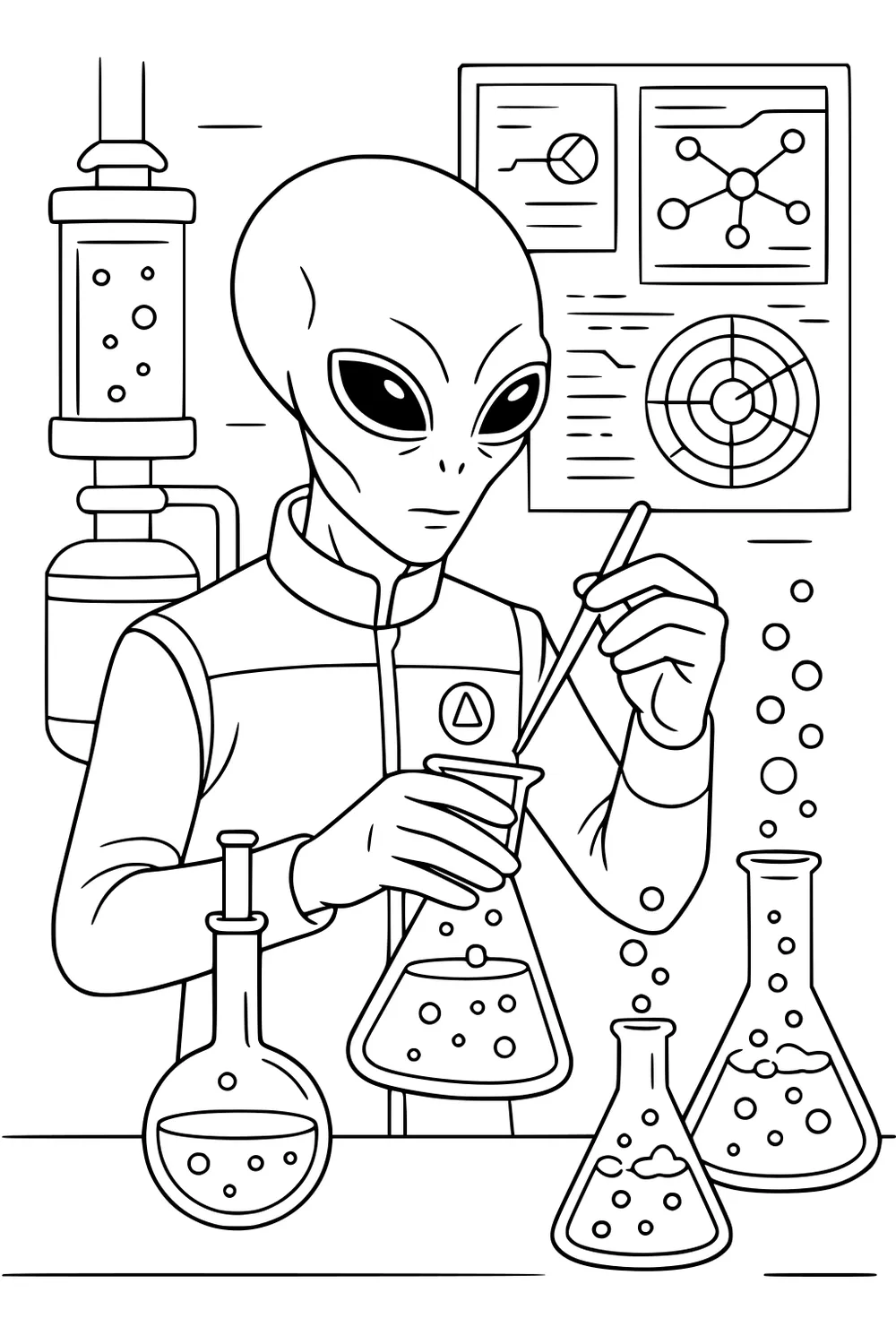 Alien scientist mixing beaker in lab with flasks, bubbles, tubing, and a wall screen showing charts and a radar display.