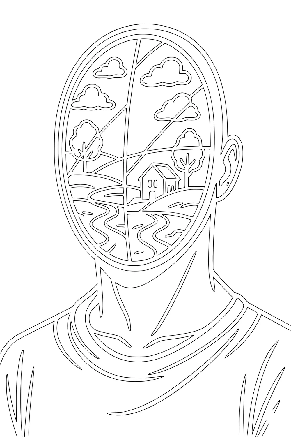 Alien boy portrait; oval face shows countryside with clouds, trees, small house, and winding paths in simple line art.