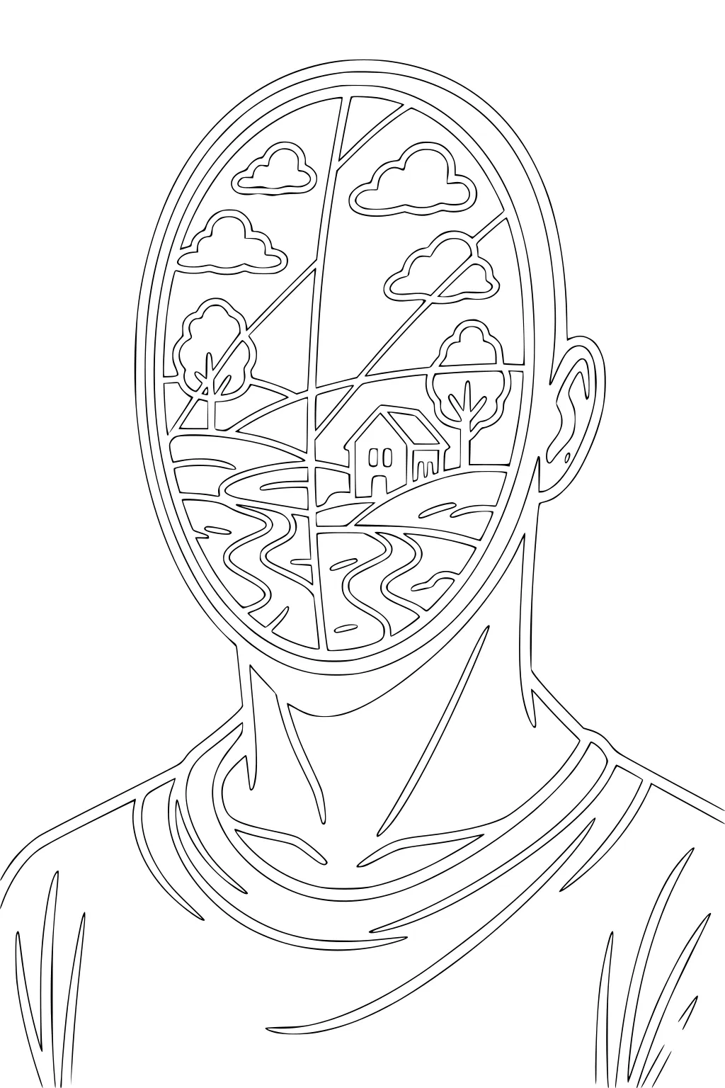 Alien boy portrait; oval face shows countryside with clouds, trees, small house, and winding paths in simple line art.