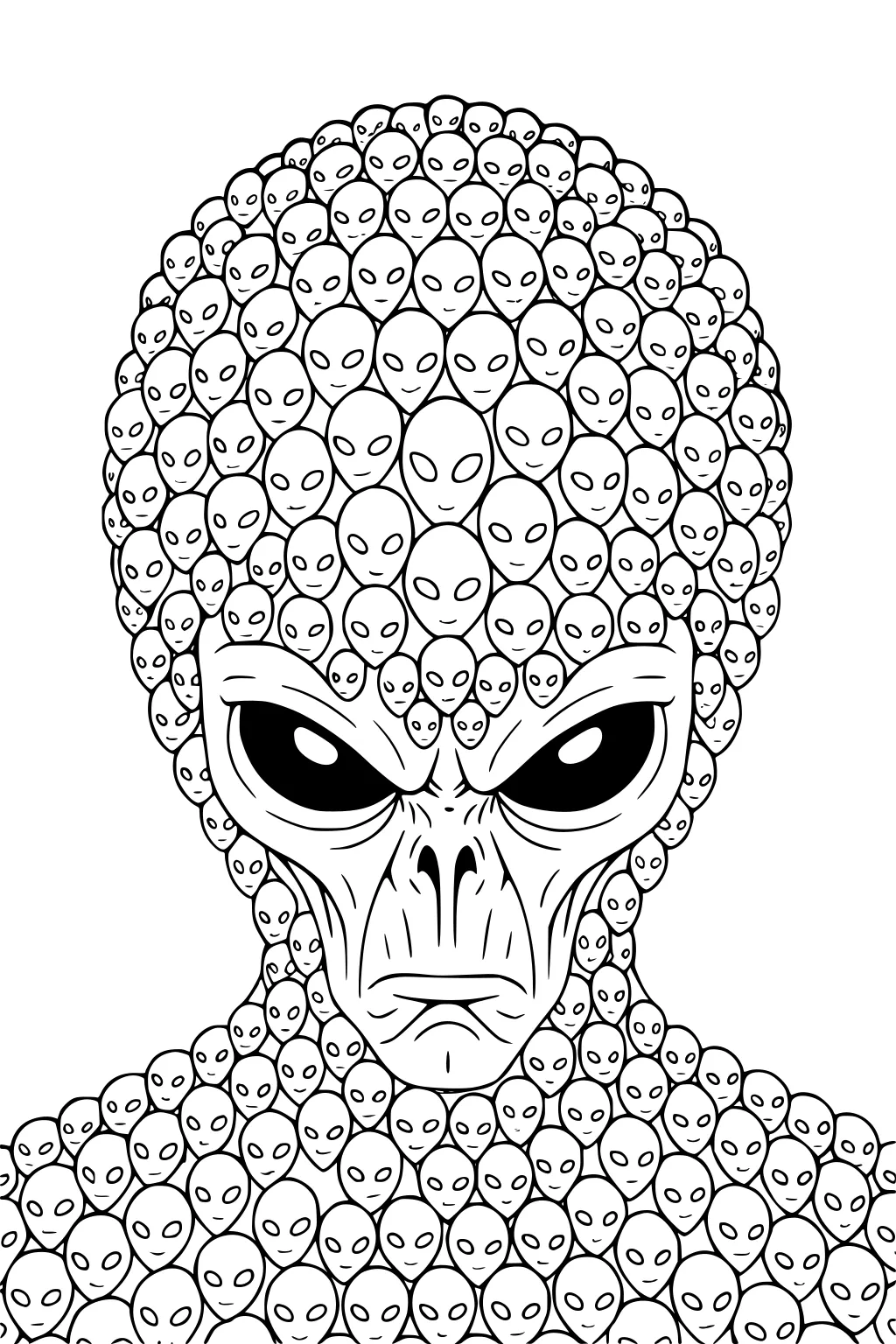 Large alien head with huge eyes, built from many small alien faces forming a pattern over the head and shoulders.