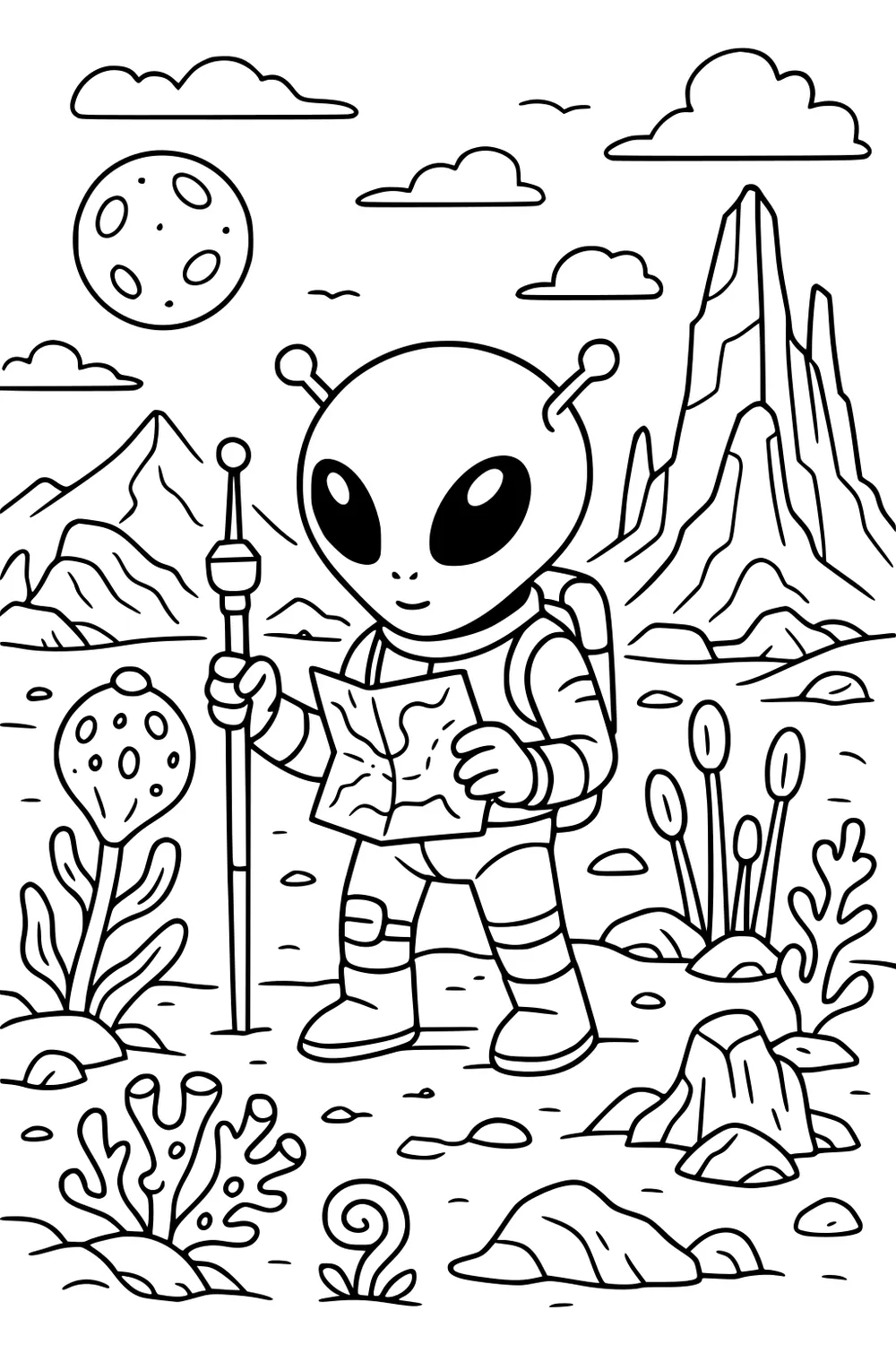 Alien girl explorer with map and staff on rocky planet with mountains, strange plants, clouds, and a cratered moon.