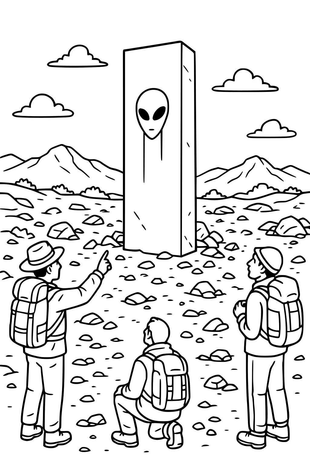 Three hikers facing a tall monolith carved with an alien face in a rocky desert with mountains and clouds.