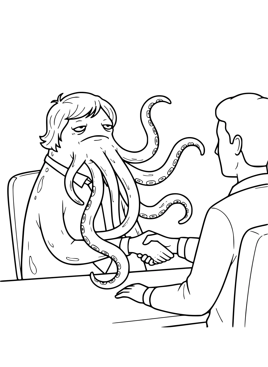 Tentacled alien in a suit shakes hands with a man across a desk, with curling arms, chairs, and simple office lines.