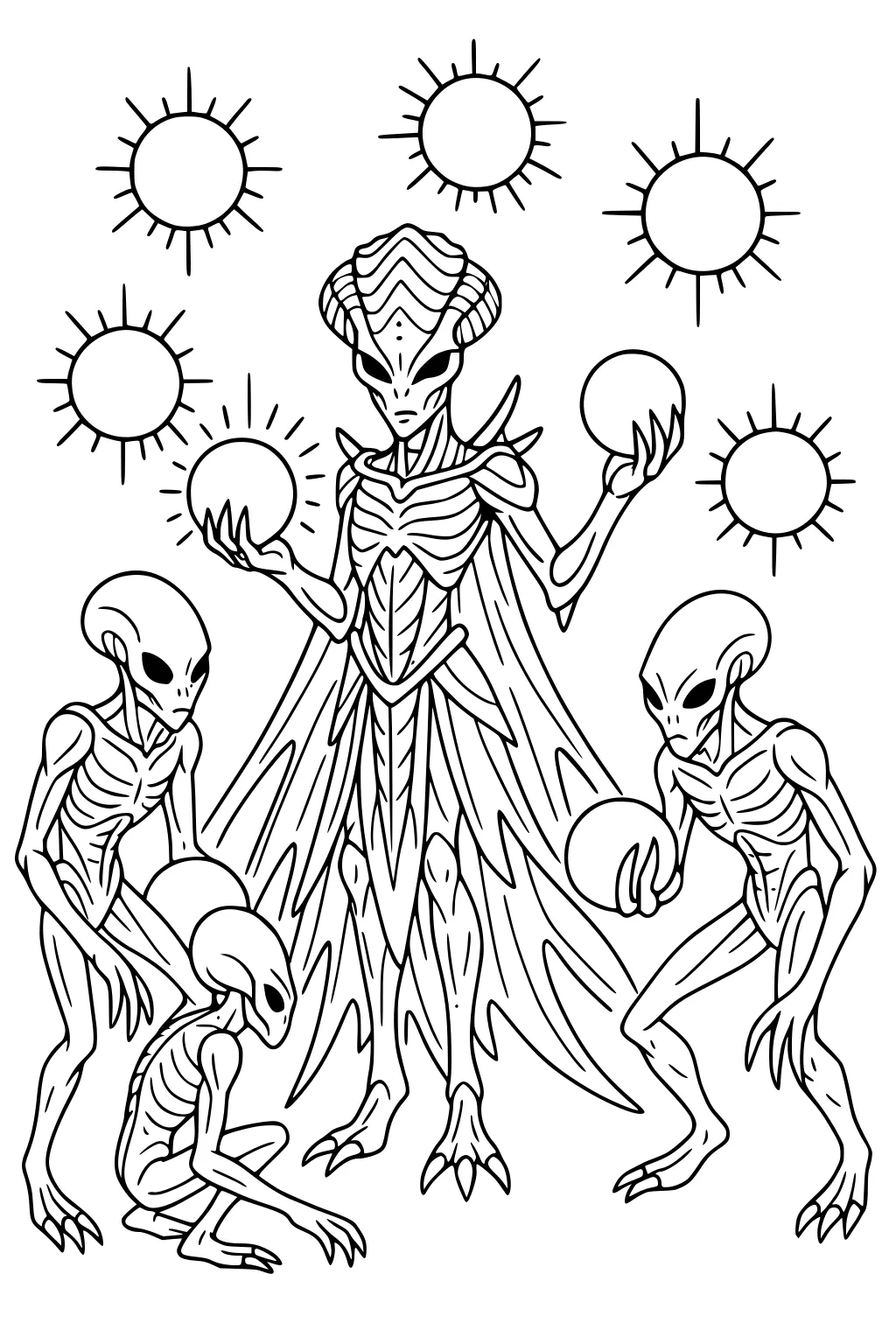 Tall caped alien holds two orbs, three smaller aliens carry orbs around him; seven sun symbols with rays float above.