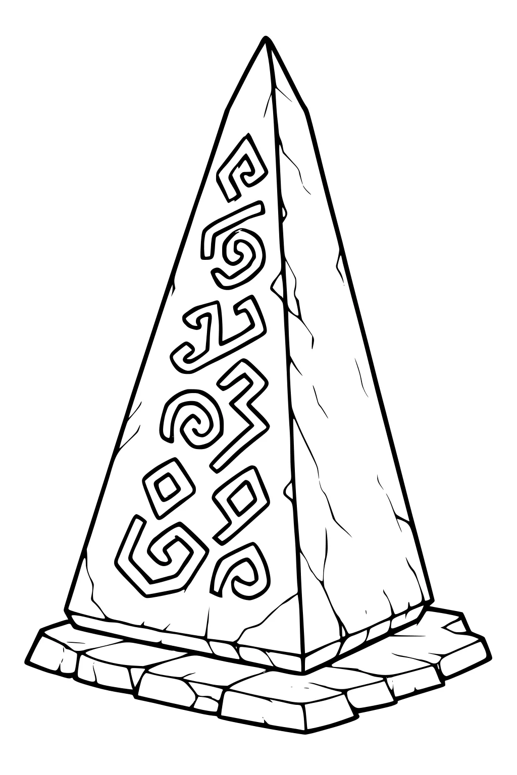 Stone obelisk with alien runes and cracks on a layered rocky base, bold outlines and open spaces.
