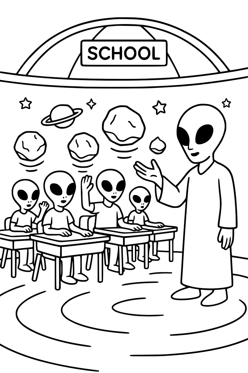 Alien teacher in a classroom with four alien students at desks, floating asteroids and a ringed planet under a SCHOOL sign.