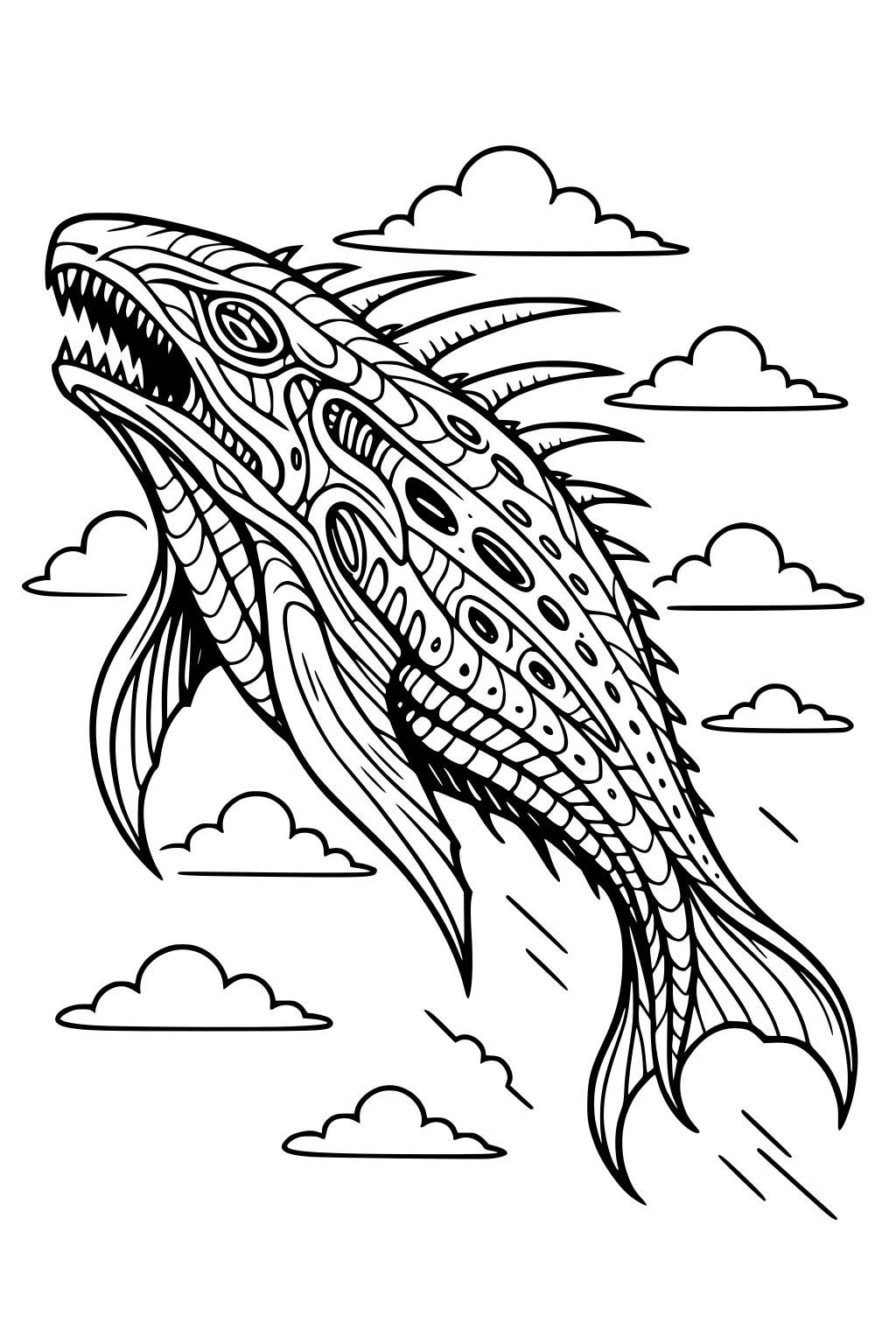 Alien flying fish with patterned scales and spiky fins zooms among puffy clouds, open mouth and speed lines in the sky.