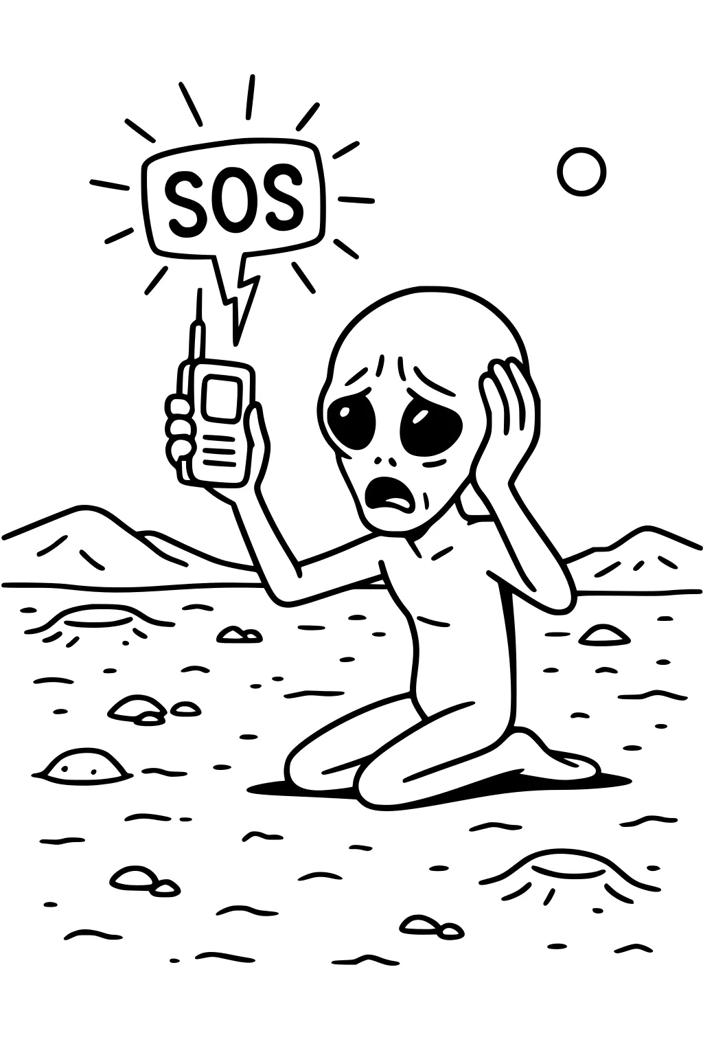 Kneeling alien with big eyes holds a radio with SOS on a rocky planet, hills behind and a small round sun in the sky.