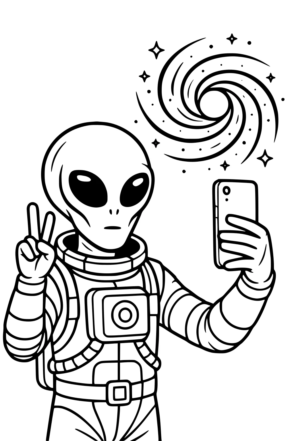 Cartoon alien in spacesuit taking a selfie, peace sign raised, with a swirling galaxy and stars in the background.
