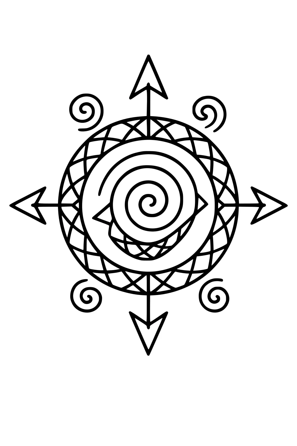 Alien-style spiral symbol with four arrows, crisscross ring, inner diamond, and small swirls around a circular design.
