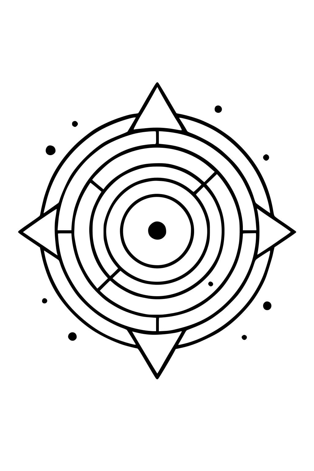 Circular alien symbol with concentric rings, four triangle points like a compass, central dot, and scattered star dots.