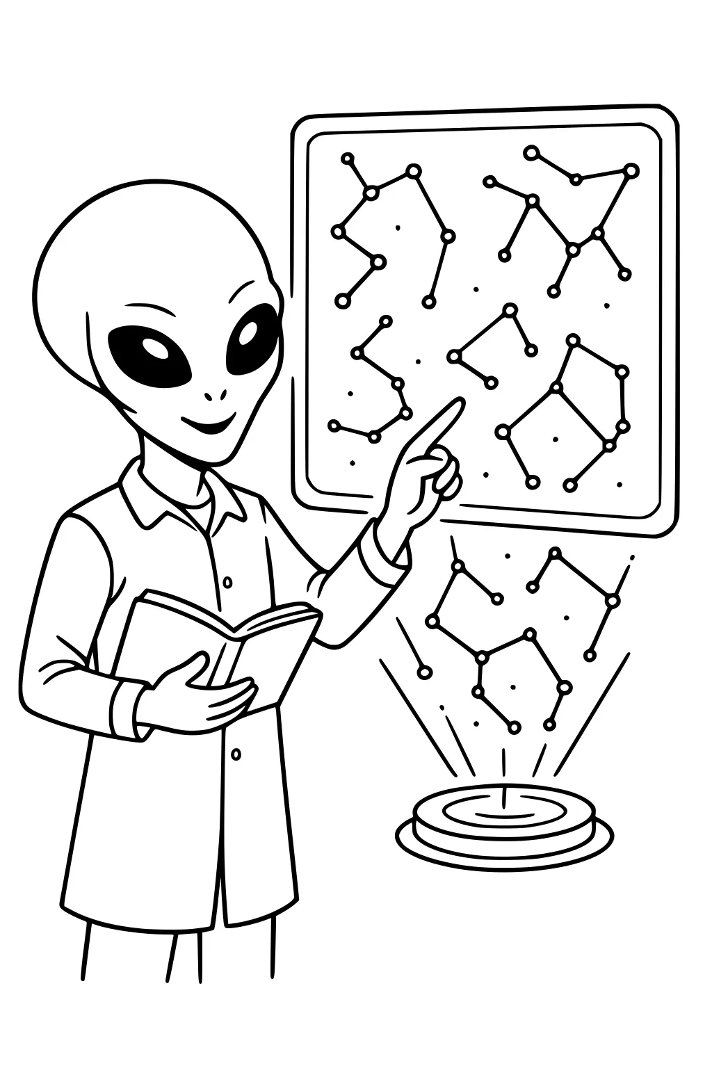 Smiling alien teacher with book points to constellations on a screen while a round projector shows a hologram of star patterns.