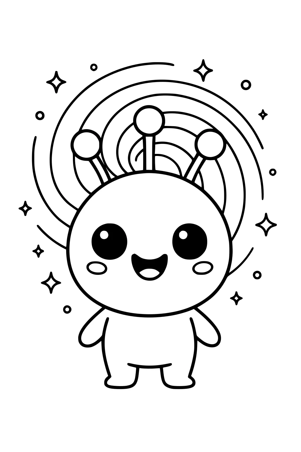 Smiling round alien with three antennae, big eyes, and blushing cheeks, with spiral rings and small stars in the background.