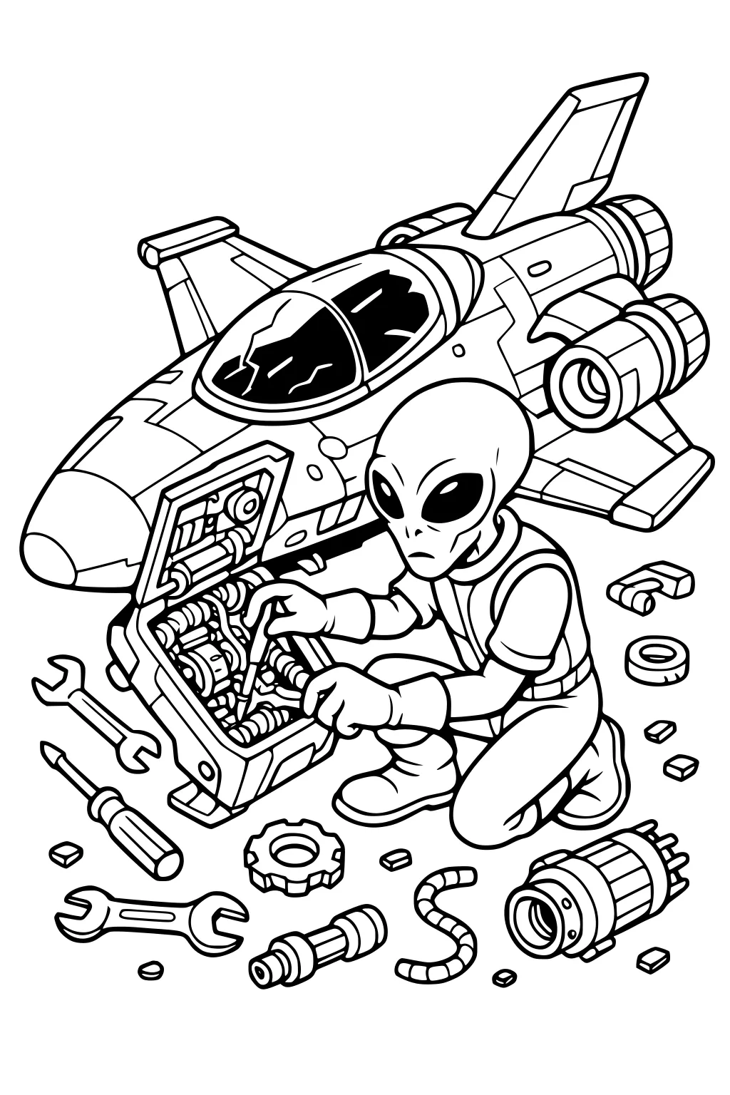 Alien mechanic kneels by a UFO, fixing an open engine panel; tools, bolts, hose, and a spare thruster lie around spaceship.