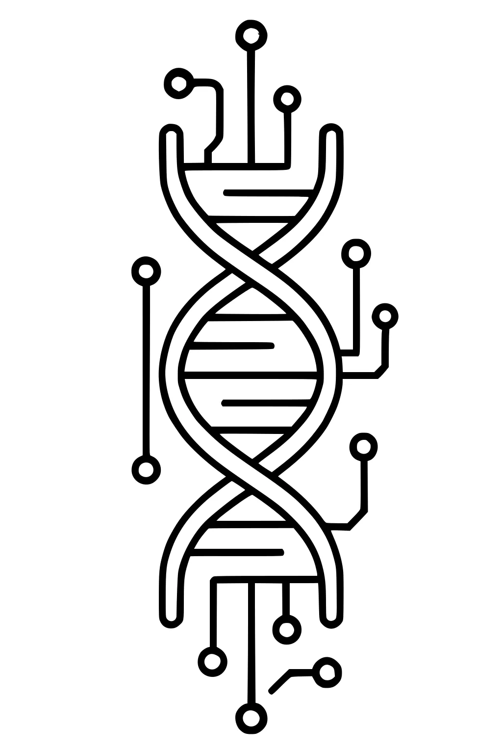Bold line art of a double helix with circuit-like lines and round nodes branching from the sides, sci-fi style.