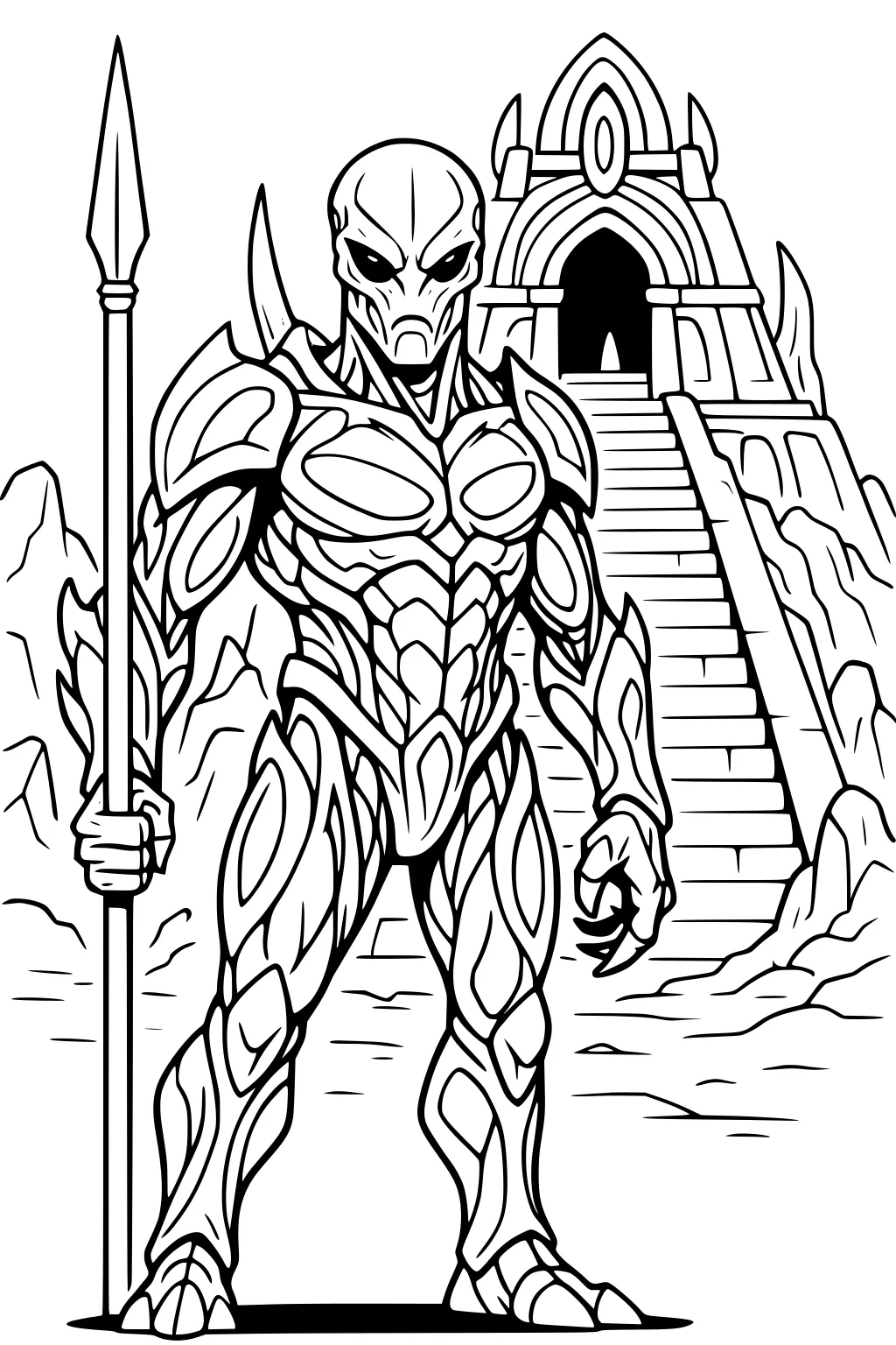 Armored alien with spear before a stepped stone temple and rocky cliffs, bold line art.