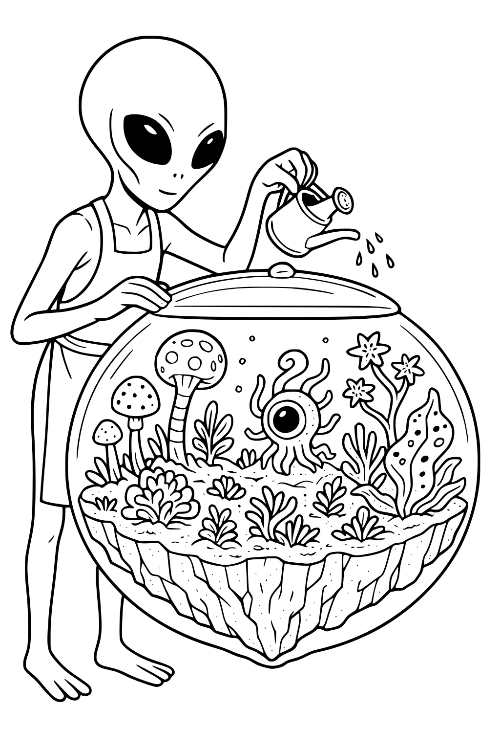 Alien in apron waters round terrarium of mushrooms, star flowers, plants, and a one-eyed tentacled creature on rock base.
