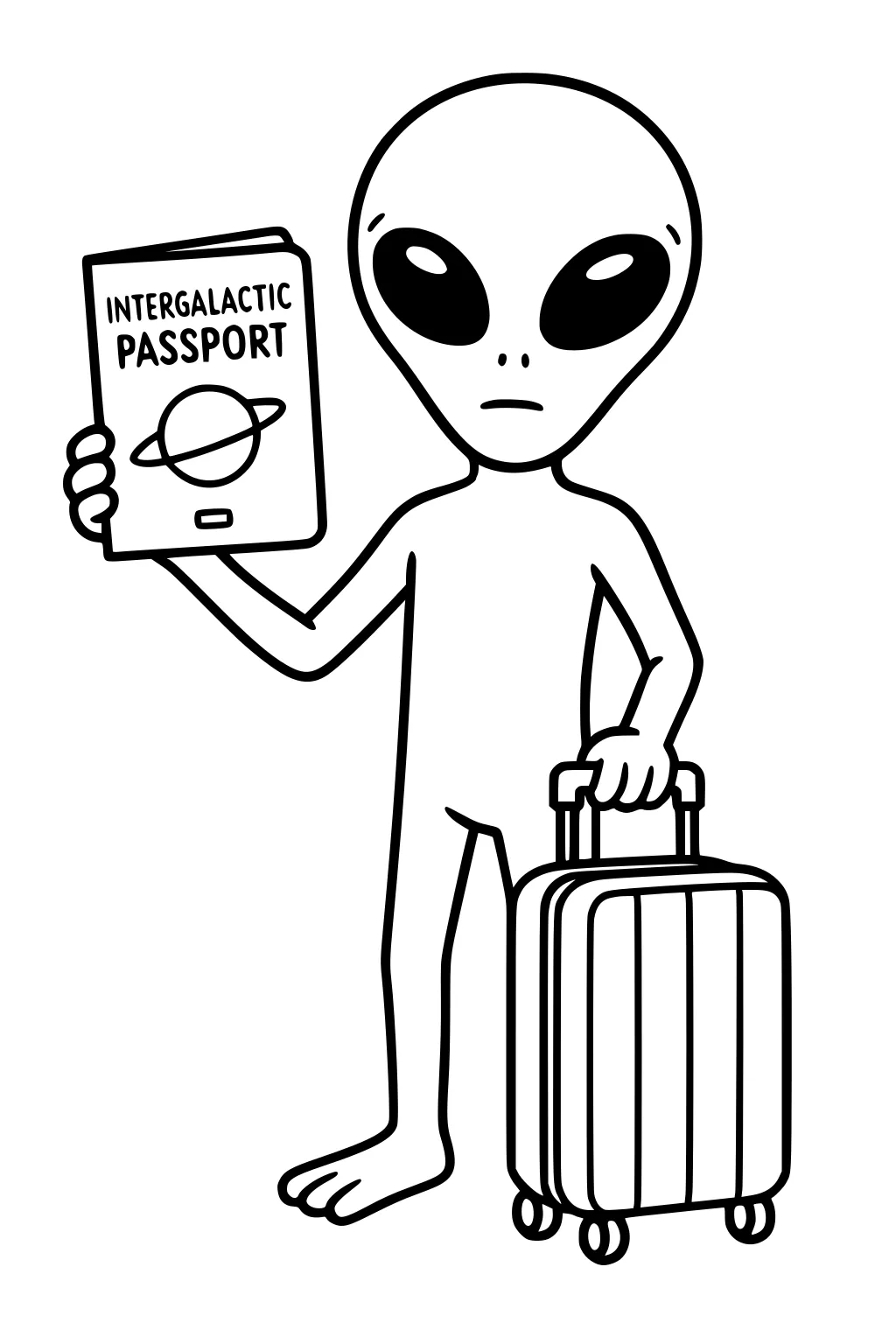 Alien with large eyes holds intergalactic passport and rolling suitcase in a simple cartoon style with bold outlines.
