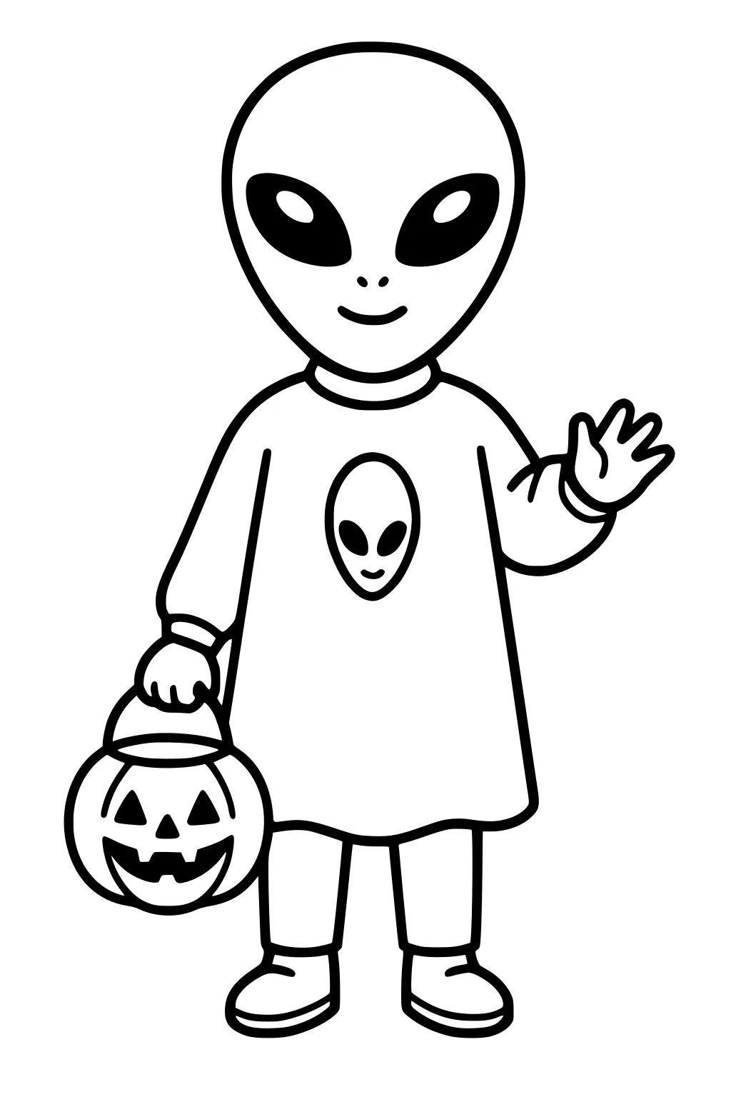 Smiling alien waves and holds a jack-o-lantern bucket, wearing a tunic with alien face emblem, pants, and shoes.