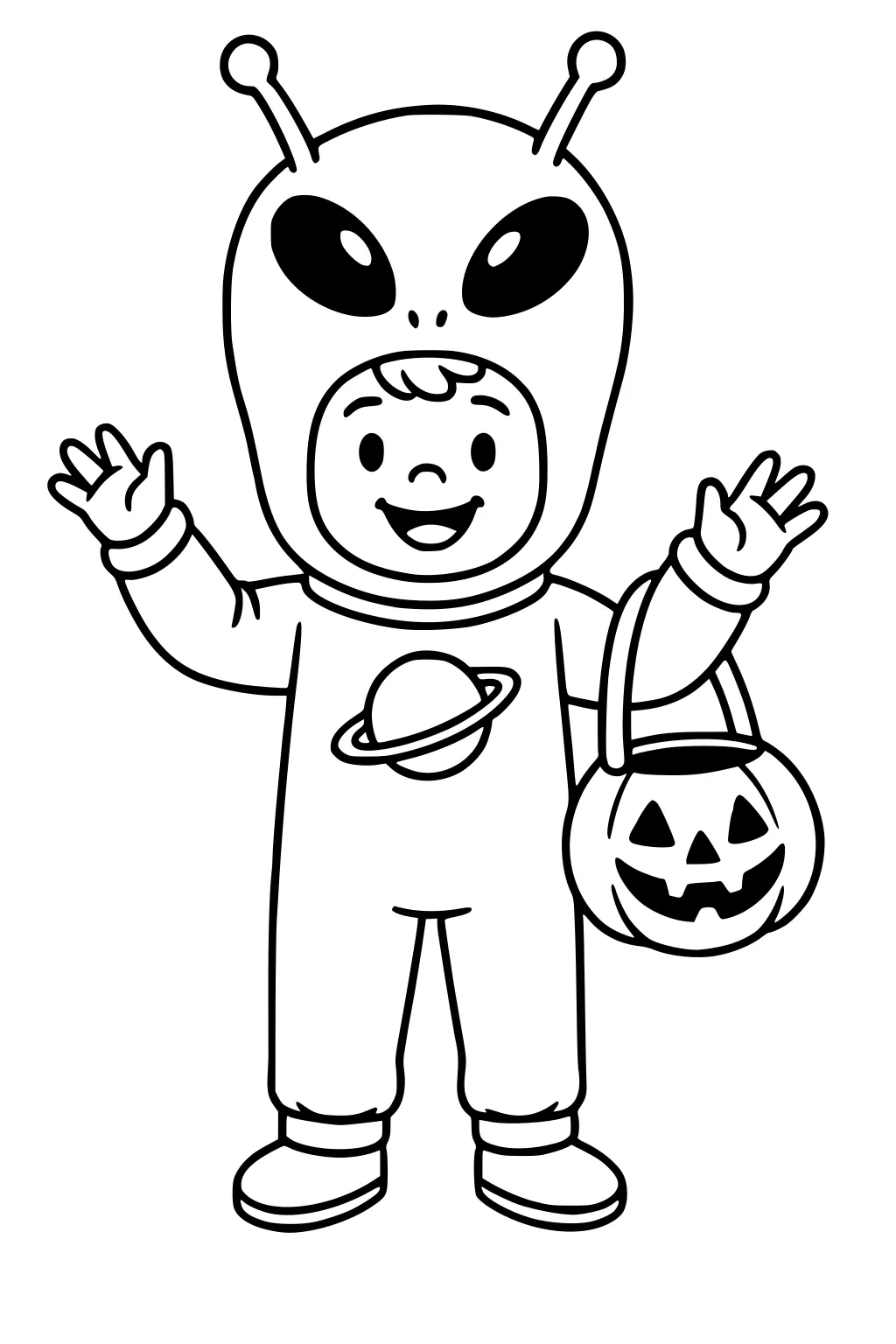 Boy in alien costume waving, spacesuit with ringed planet, holding a jack-o-lantern candy bucket, simple outlines and open background.