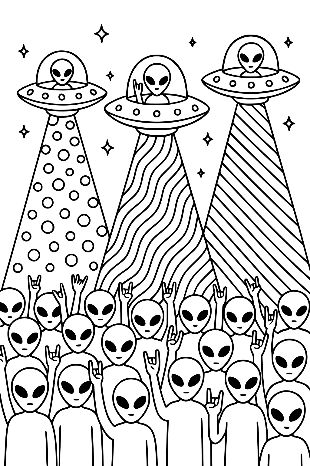 Crowd of aliens raising hands under three UFOs shining patterned beams, with small stars in the sky.