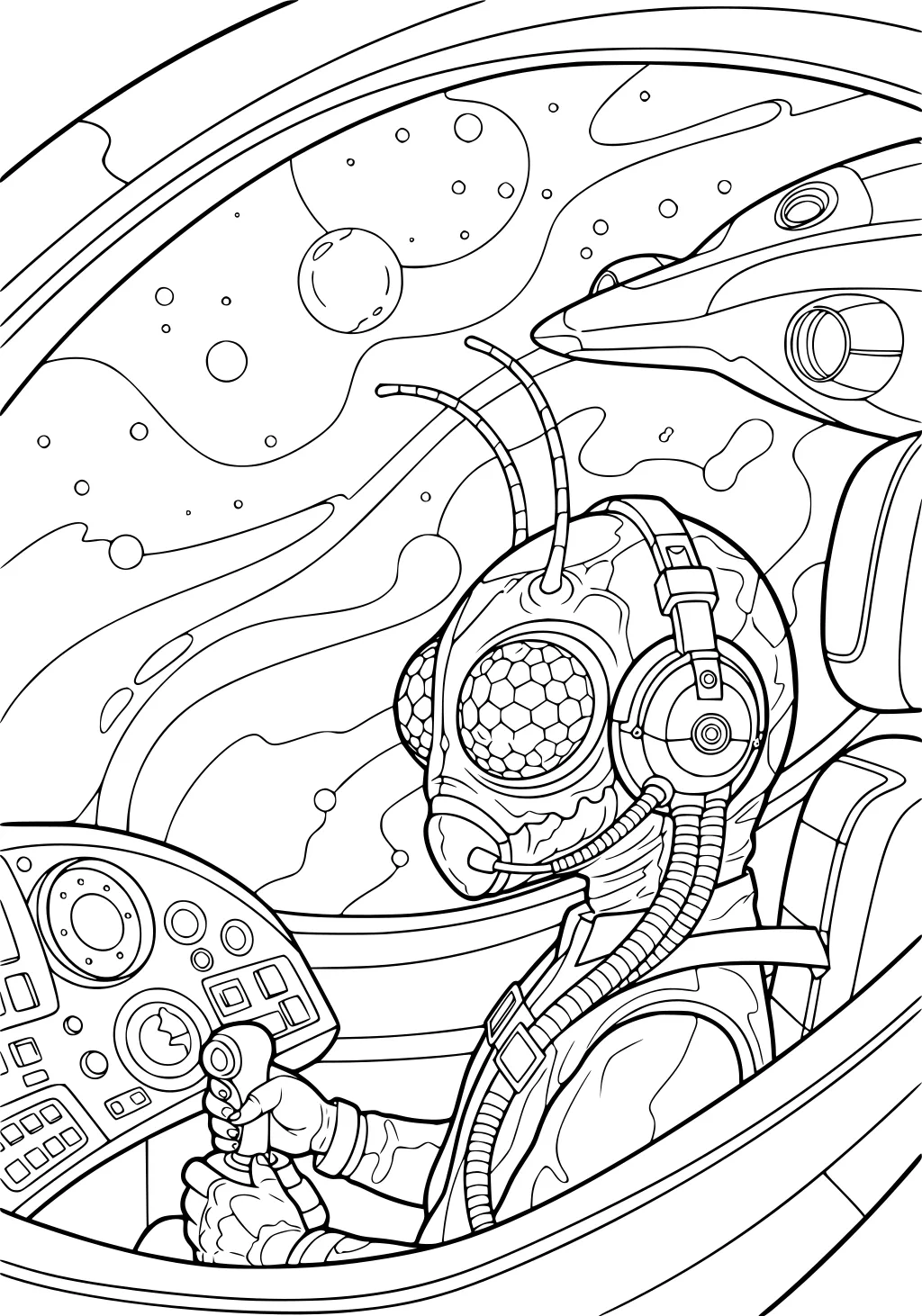 Alien girl pilot with antennae and headset at UFO controls, space window showing planets and a second ship.