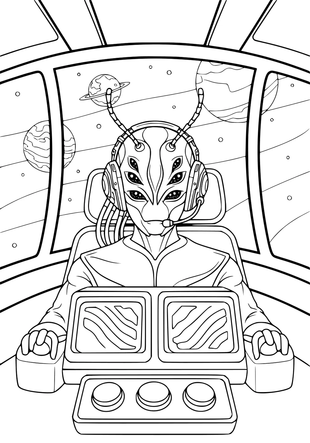 Alien pilot with many eyes in UFO cockpit, hands on controls, two screens, three buttons, window shows planets and stars.
