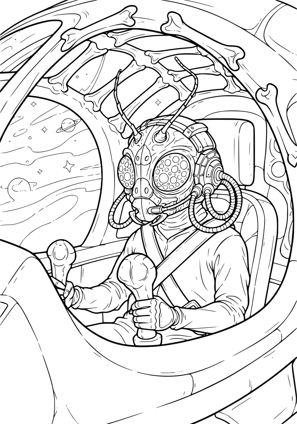 Alien insect pilot with big eyes at twin joysticks inside a UFO cockpit, planets and stars visible through the window.