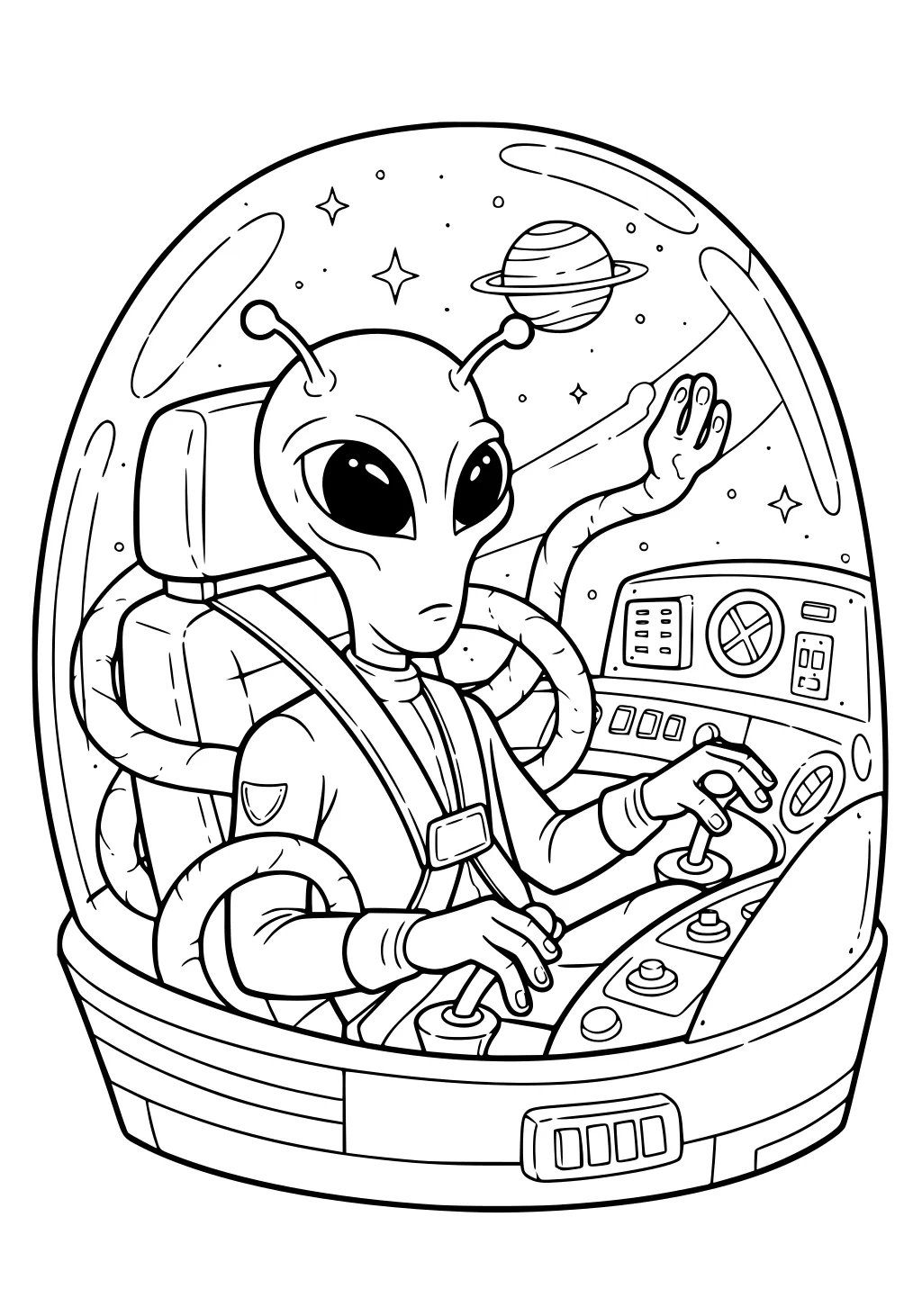 Alien pilot in domed UFO cockpit, hands on joysticks, control panels around, with stars and a ringed planet visible outside.